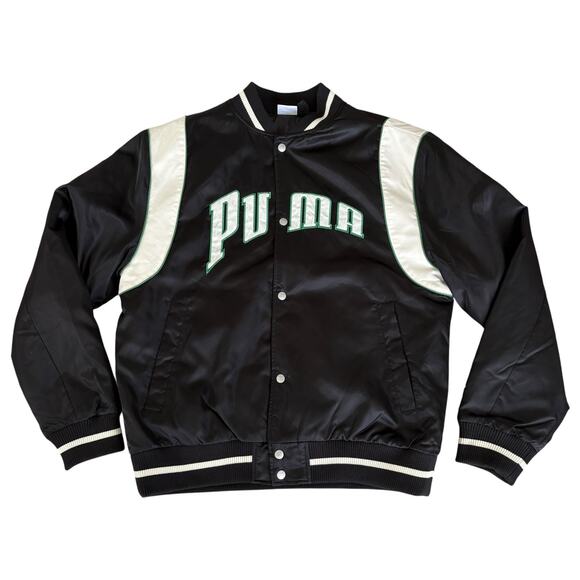 PUMA Varsity Bomber Jacket Y2K Satin Streetwear  Logo Spell Out Snap Button M - Picture 1 of 8